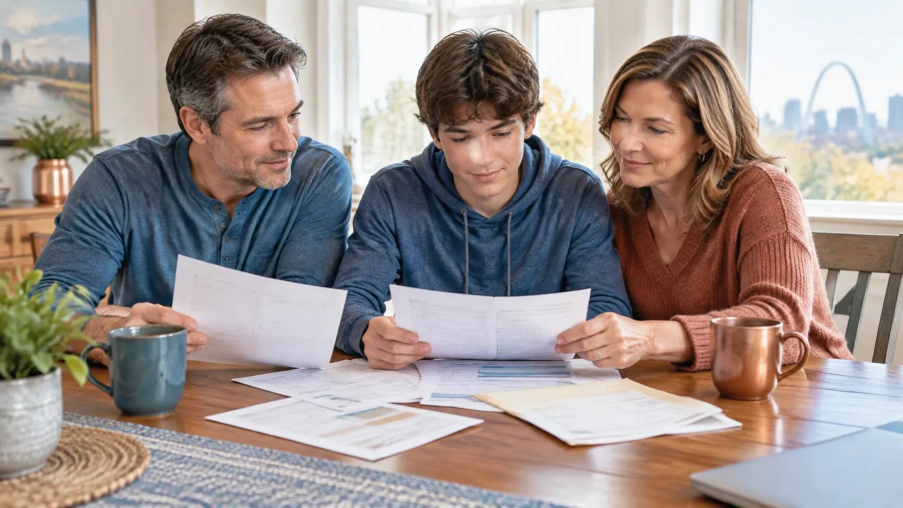 Parents and teenage son comparing health coverage papers around a dining table.
