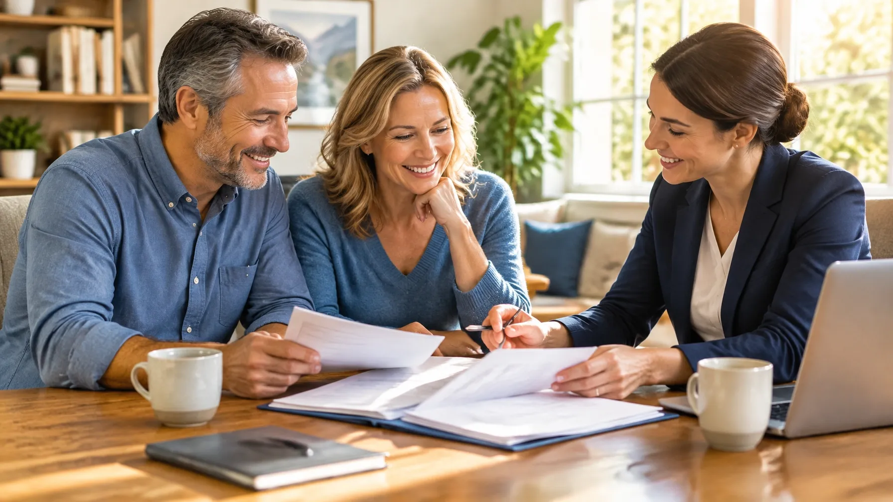 Couple organizing insurance documents with a helpful advisor.