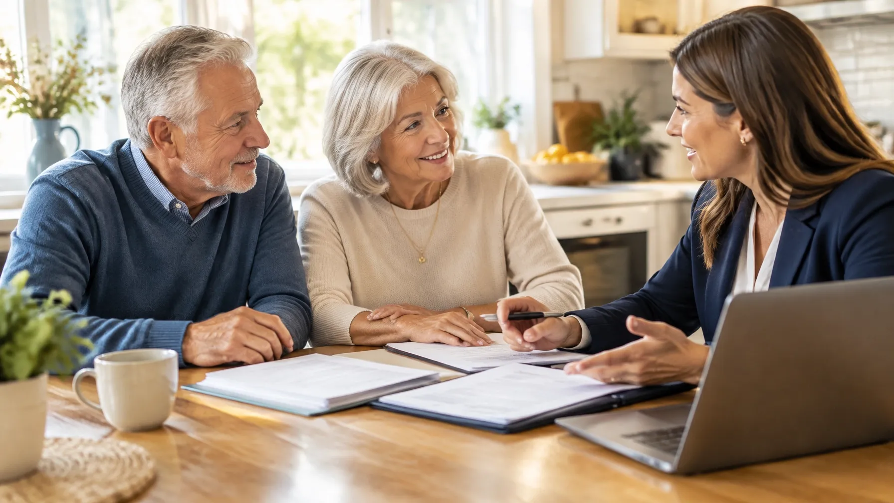 Older couple discussing coverage options with an insurance advisor.