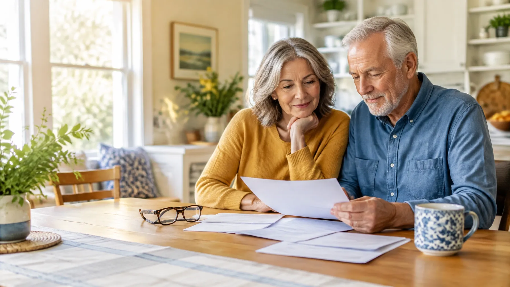 Older couple reviewing Medicare paperwork together at a kitchen table.