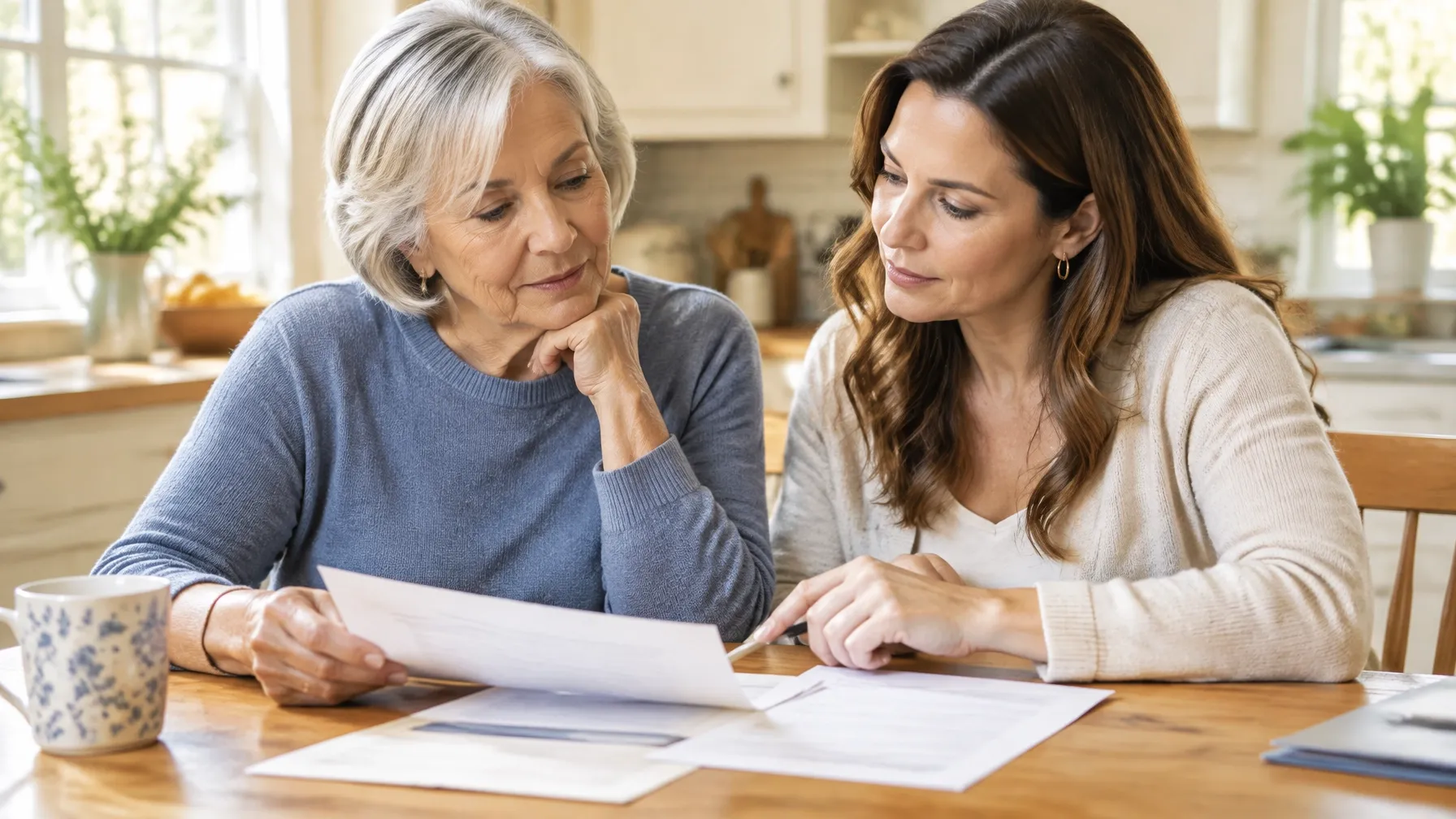 Older woman discussing prescription coverage papers with her adult daughter.