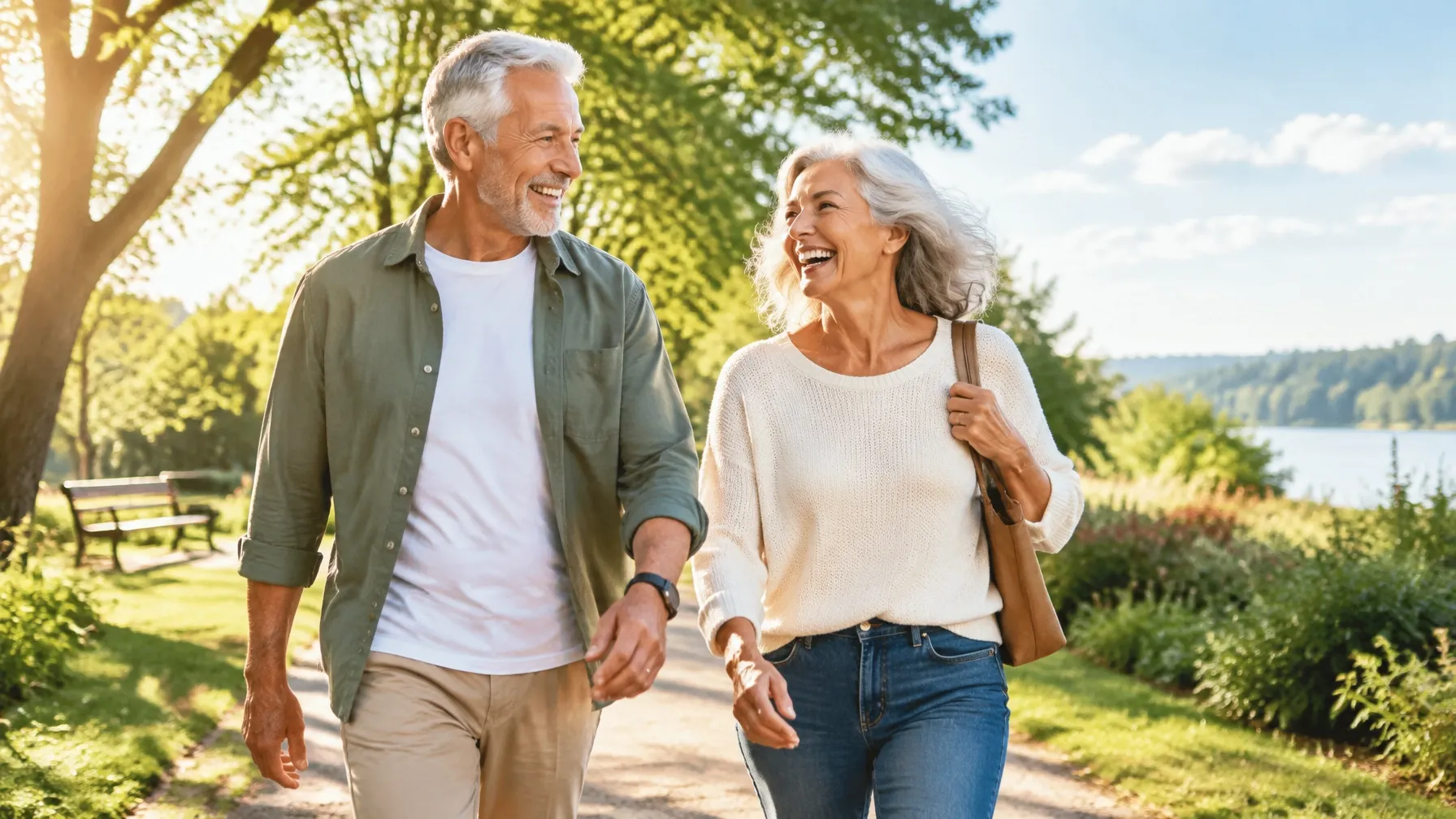 Upbeat older couple laughing together while walking through a sunny park.